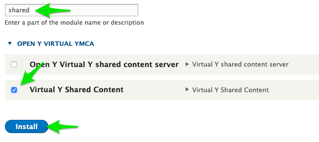 A visual depiction of the sequence to install the Virtual Y Shared Content module